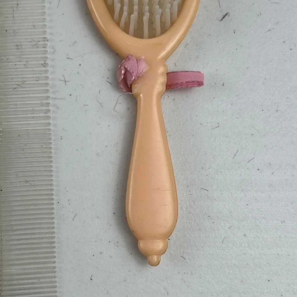 Vintage Child's Doll Face Kitschy Hand Vanity Mirror, Comb, Brush Set
